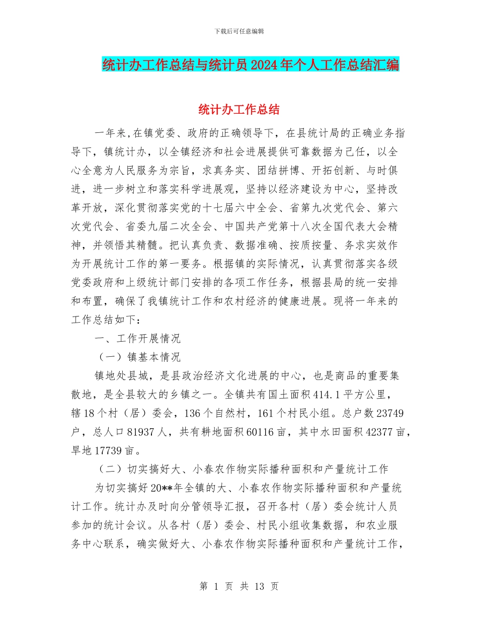 统计办工作总结与统计员2024年个人工作总结汇编_第1页
