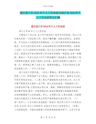 统计划工作2024年个人工作总结与统计员2024年个人工作总结范文汇编