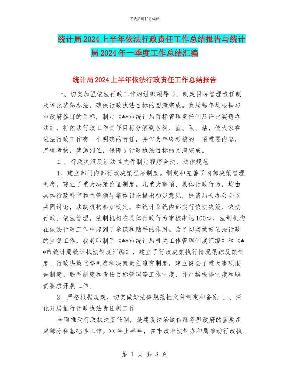 统计局2024上半年依法行政责任工作总结报告与统计局2024年一季度工作总结汇编_第1页