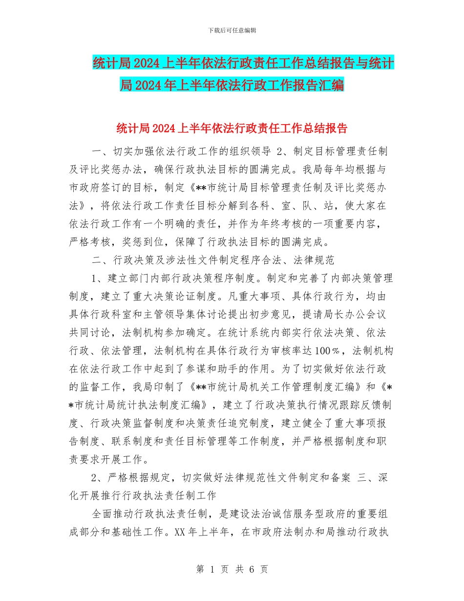 统计局2024上半年依法行政责任工作总结报告与统计局2024年上半年依法行政工作报告汇编_第1页