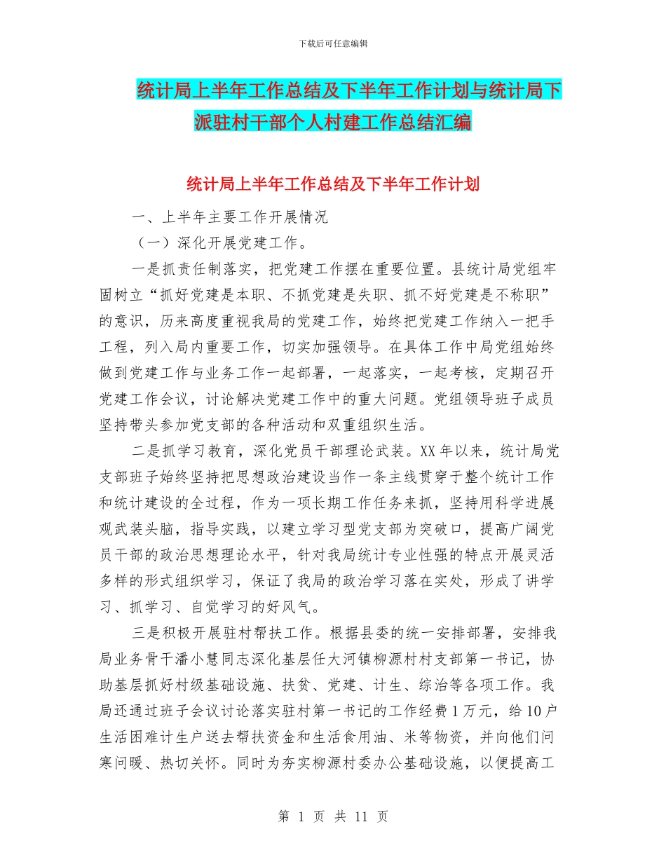 统计局上半年工作总结及下半年工作计划与统计局下派驻村干部个人村建工作总结汇编_第1页