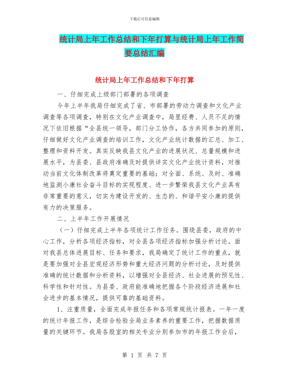 统计局上年工作总结和下年打算与统计局上年工作简要总结汇编_第1页