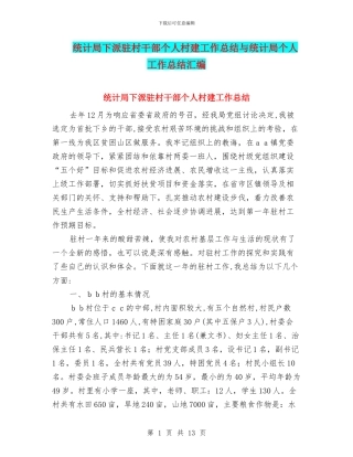 统计局下派驻村干部个人村建工作总结与统计局个人工作总结汇编