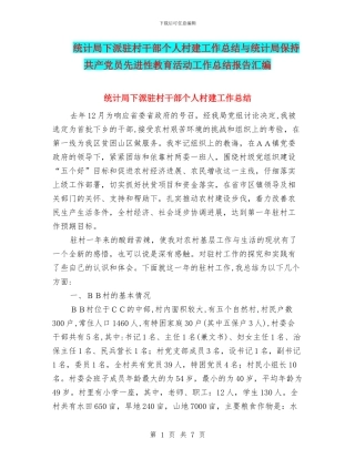 统计局下派驻村干部个人村建工作总结与统计局保持共产党员先进性教育活动工作总结报告汇编