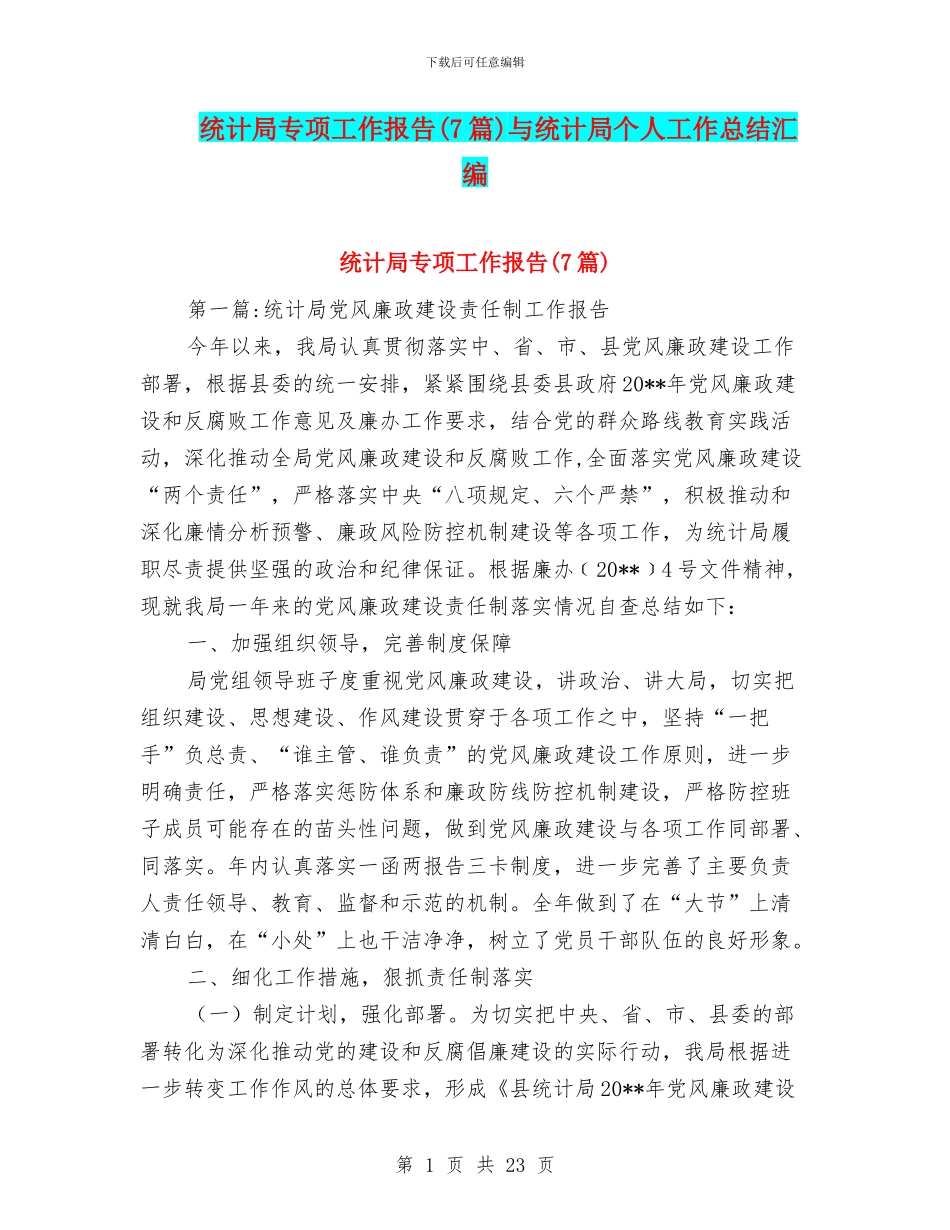 统计局专项工作报告与统计局个人工作总结汇编_第1页