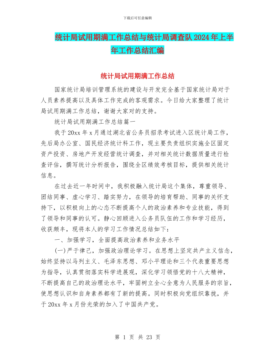 统计局试用期满工作总结与统计局调查队2024年上半年工作总结汇编_第1页