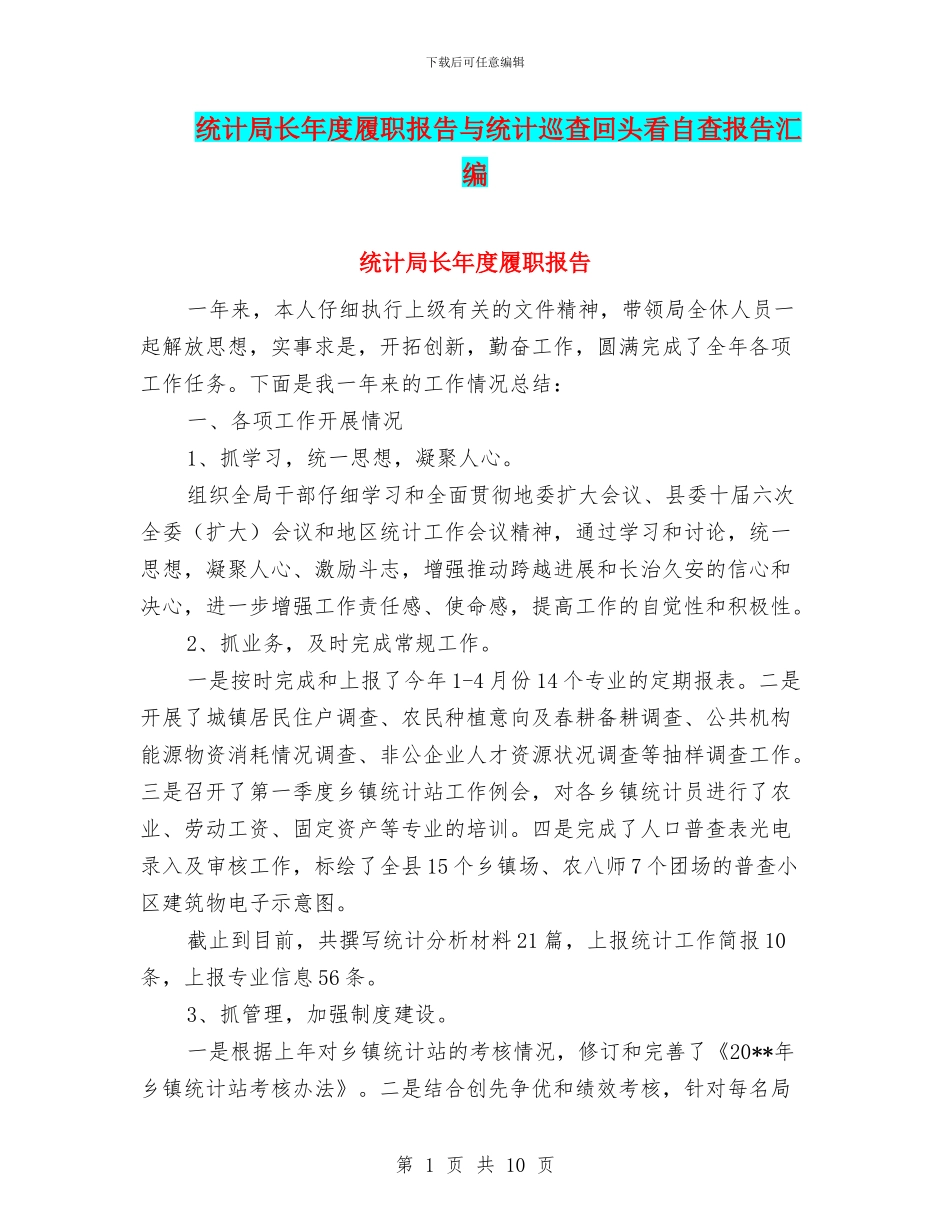 统计局长年度履职报告与统计巡查回头看自查报告汇编_第1页
