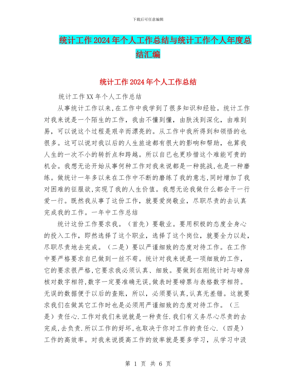 统计工作2024年个人工作总结与统计工作个人年度总结汇编_第1页
