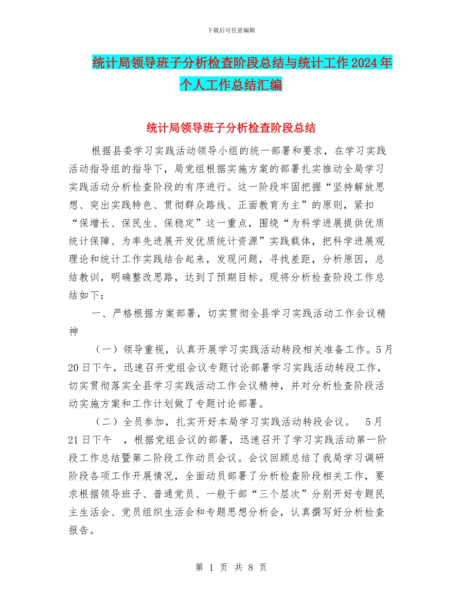 统计局领导班子分析检查阶段总结与统计工作2024年个人工作总结汇编_第1页
