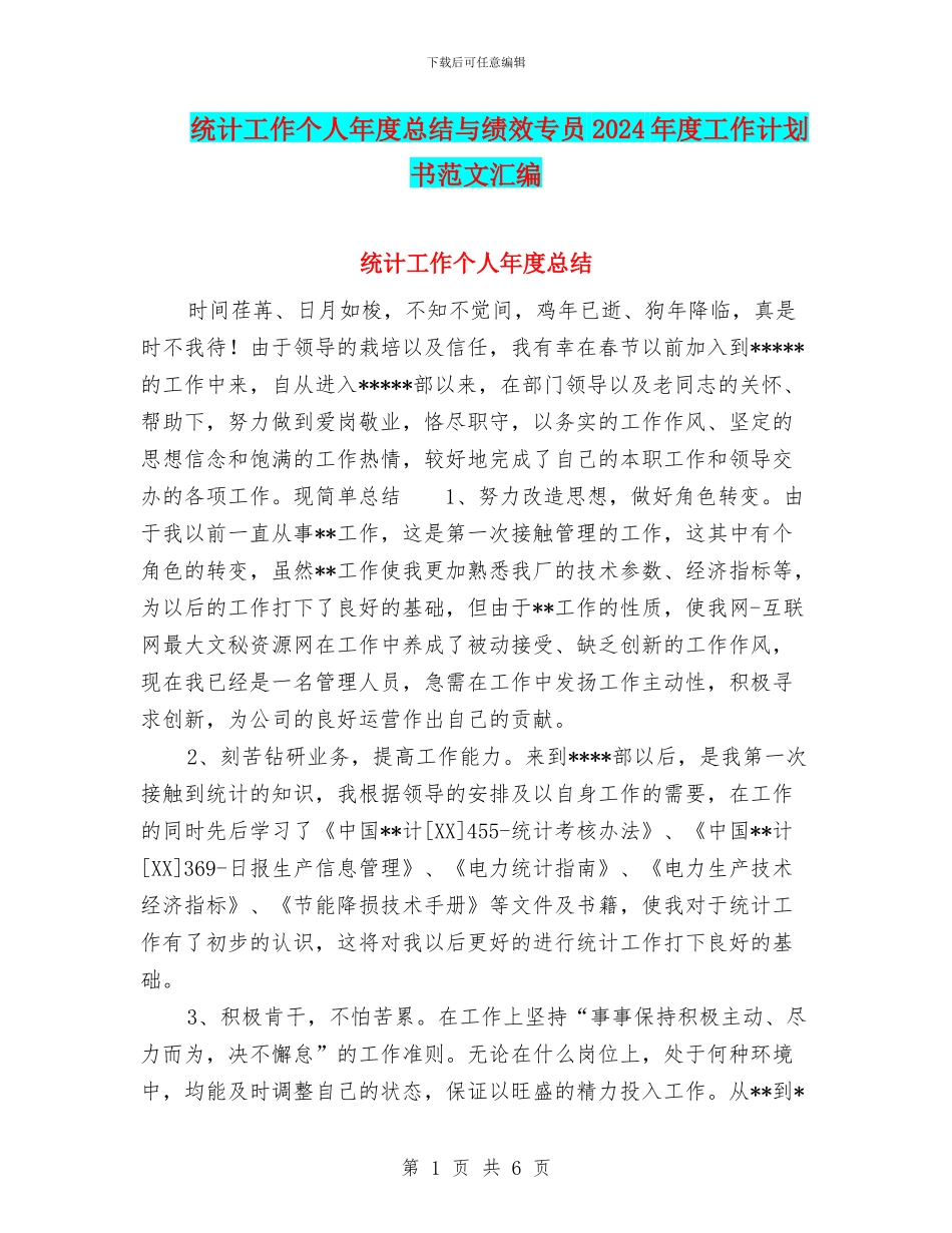 统计工作个人年度总结与绩效专员2024年度工作计划书范文汇编_第1页