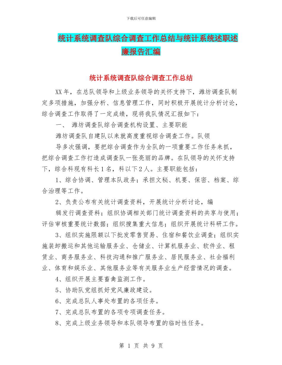 统计系统调查队综合调查工作总结与统计系统述职述廉报告汇编_第1页