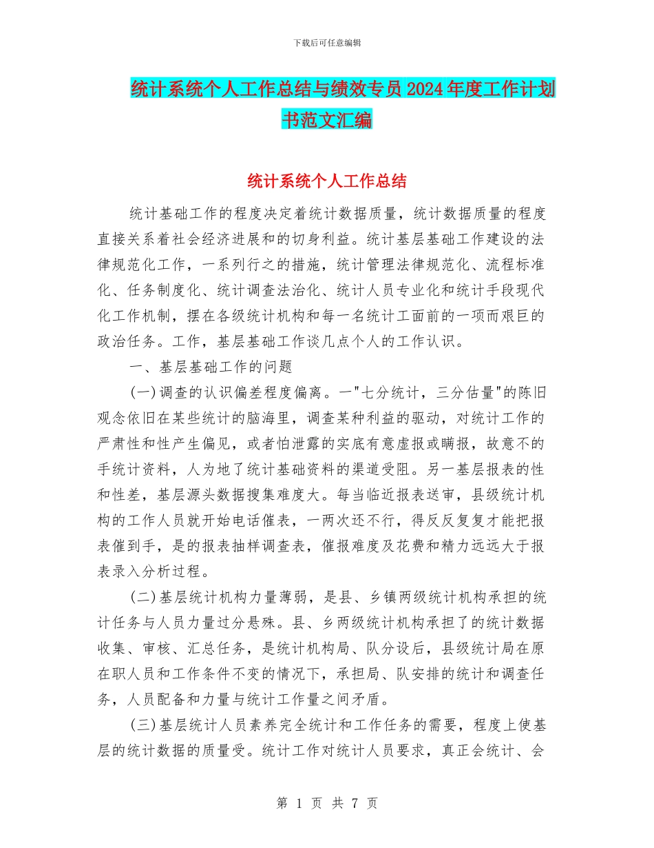 统计系统个人工作总结与绩效专员2024年度工作计划书范文汇编_第1页