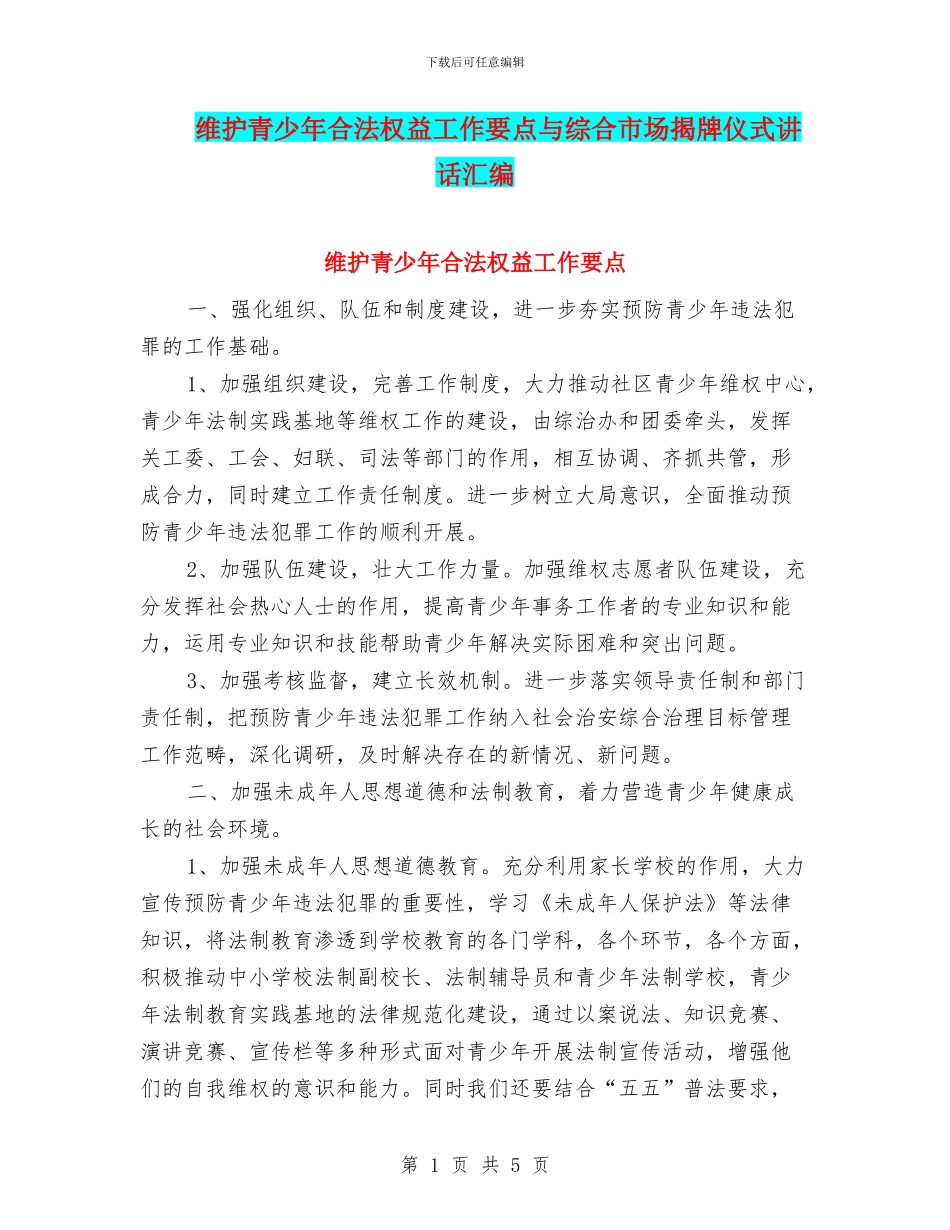 维护青少年合法权益工作要点与综合市场揭牌仪式讲话汇编_第1页