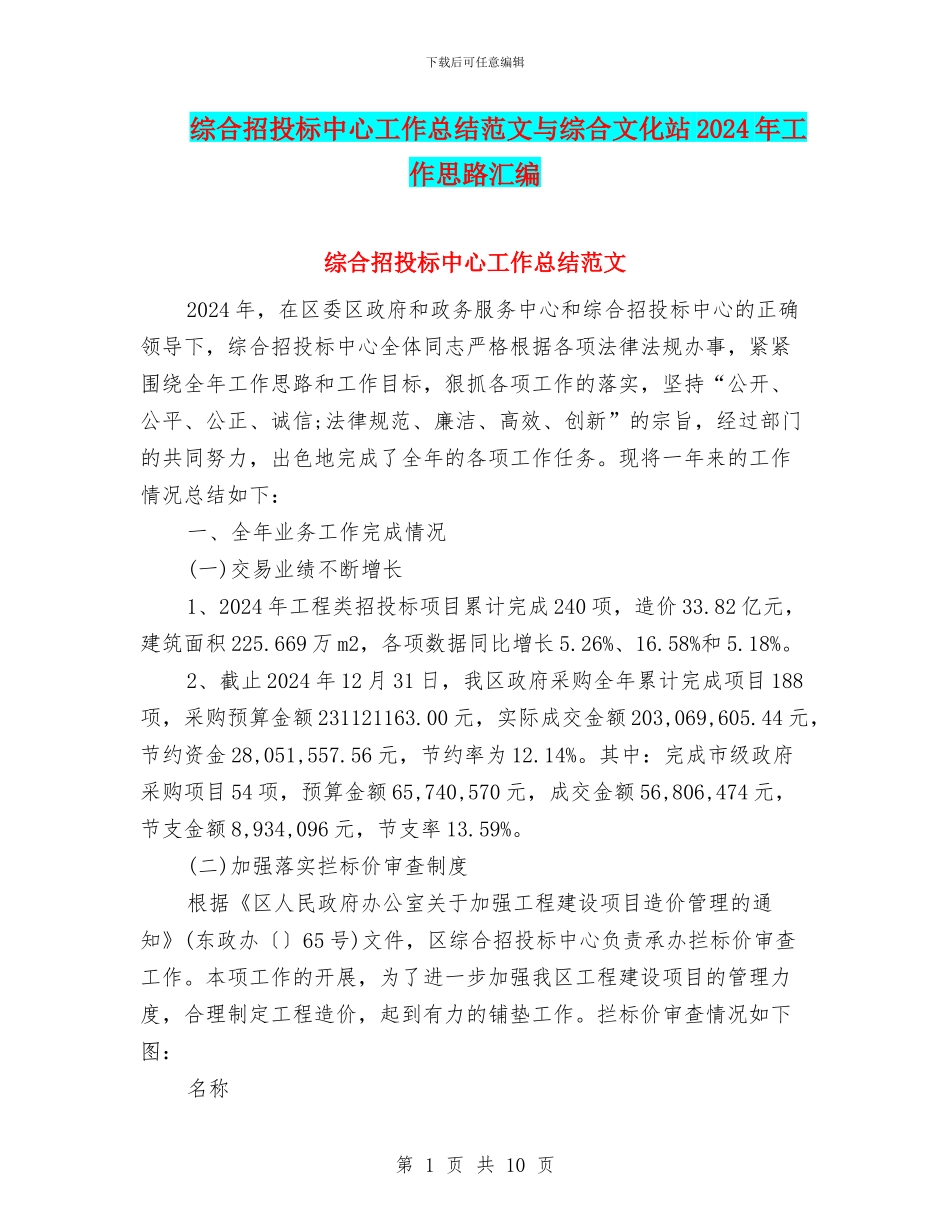 综合招投标中心工作总结范文与综合文化站2024年工作思路汇编_第1页