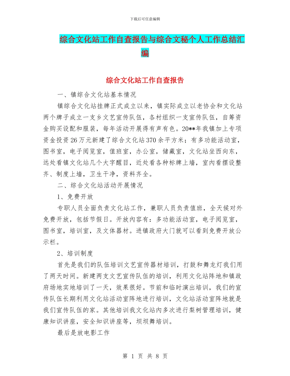综合文化站工作自查报告与综合文秘个人工作总结汇编_第1页
