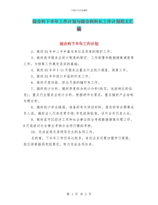 综合科下半年工作计划与综合科科长工作计划范文汇编
