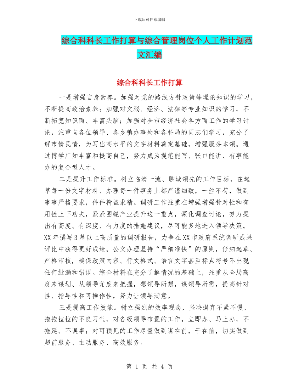综合科科长工作打算与综合管理岗位个人工作计划范文汇编_第1页