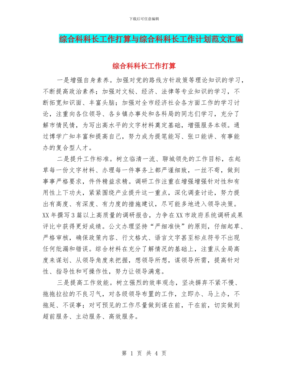 综合科科长工作打算与综合科科长工作计划范文汇编_第1页