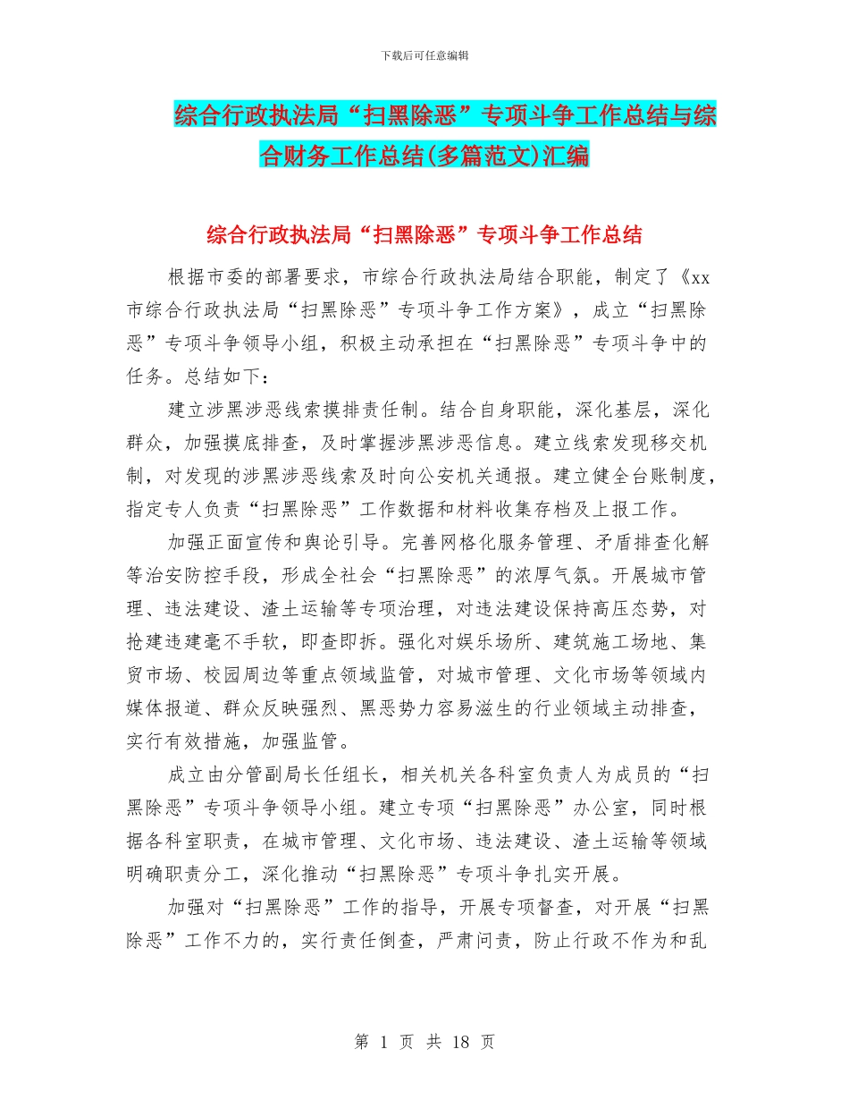 综合行政执法局“扫黑除恶”专项斗争工作总结与综合财务工作总结汇编_第1页
