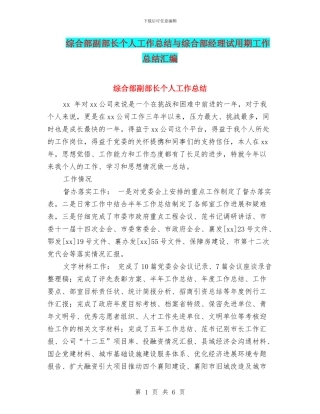 综合部副部长个人工作总结与综合部经理试用期工作总结汇编