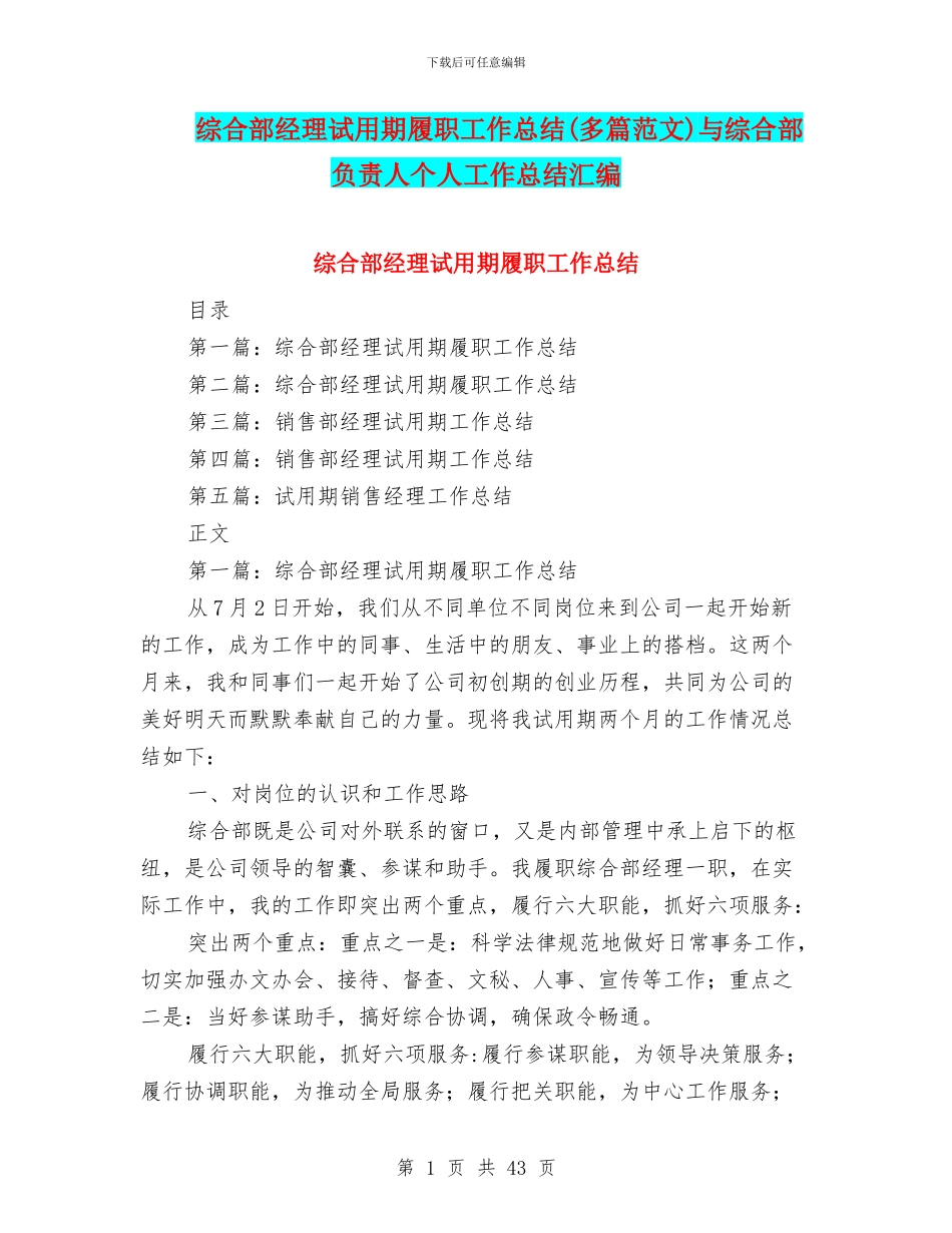 综合部经理试用期履职工作总结与综合部负责人个人工作总结汇编_第1页