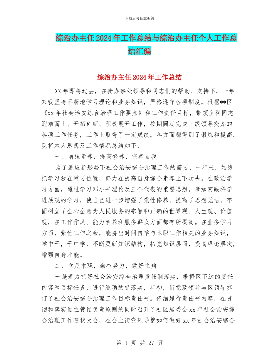 综治办主任2024年工作总结与综治办主任个人工作总结汇编_第1页