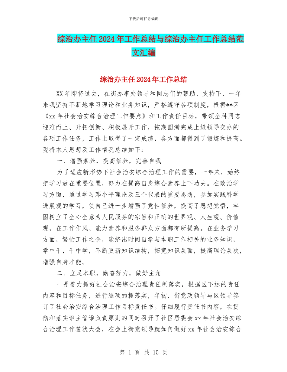 综治办主任2024年工作总结与综治办主任工作总结范文汇编_第1页