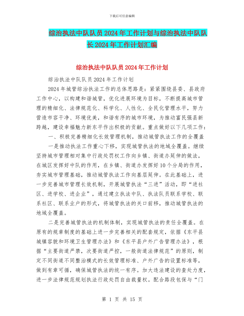 综治执法中队队员2024年工作计划与综治执法中队队长2024年工作计划汇编_第1页