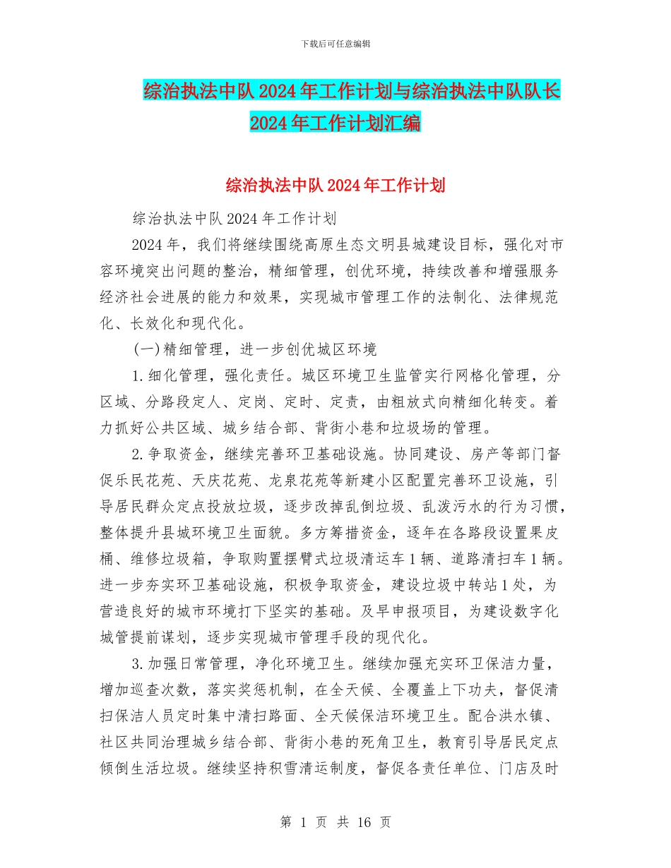 综治执法中队2024年工作计划与综治执法中队队长2024年工作计划汇编_第1页
