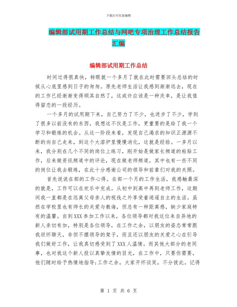 编辑部试用期工作总结与网吧专项治理工作总结报告汇编_第1页