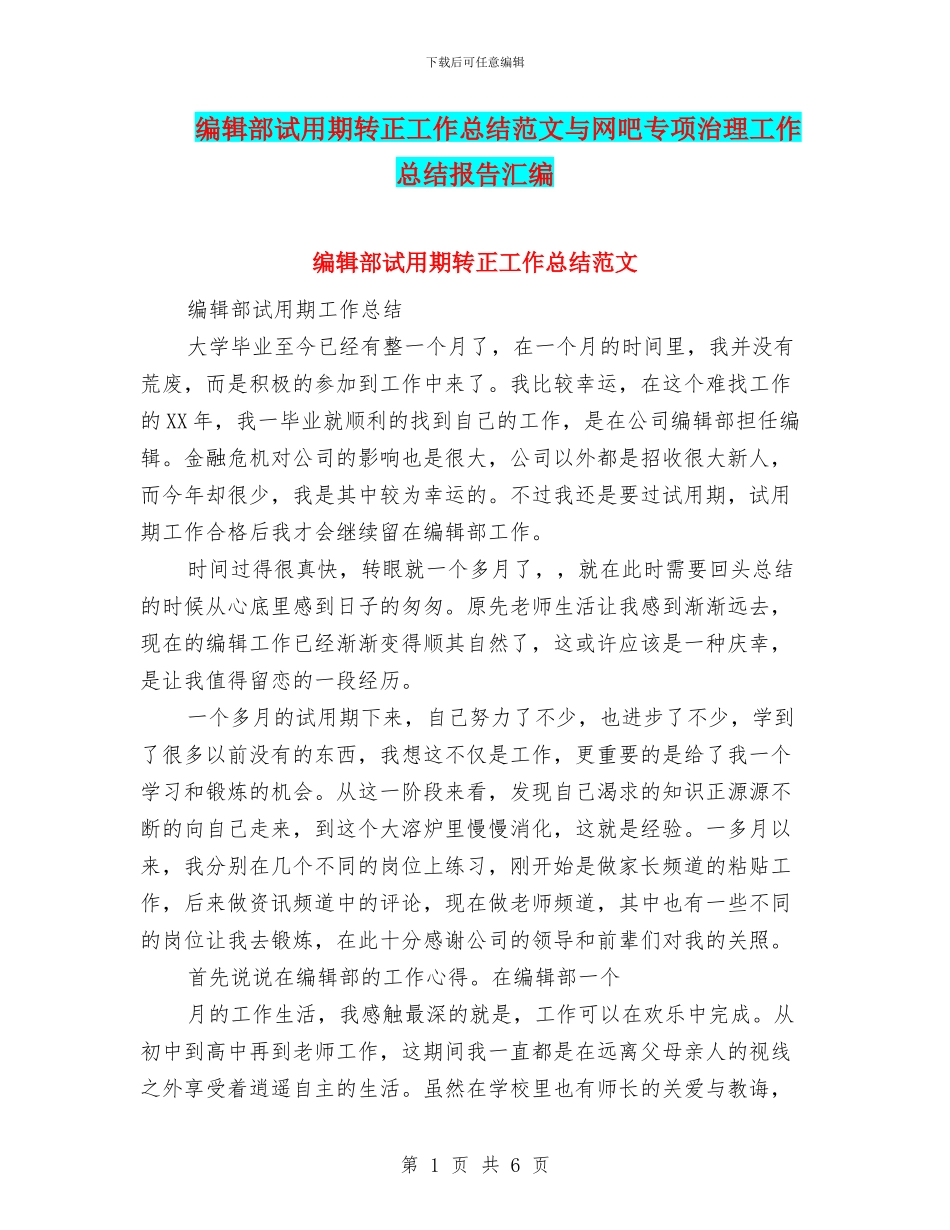 编辑部试用期转正工作总结范文与网吧专项治理工作总结报告汇编_第1页