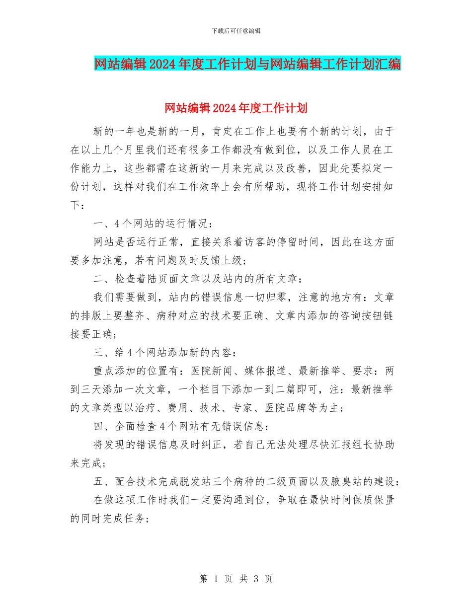 网站编辑2024年度工作计划与网站编辑工作计划汇编_第1页