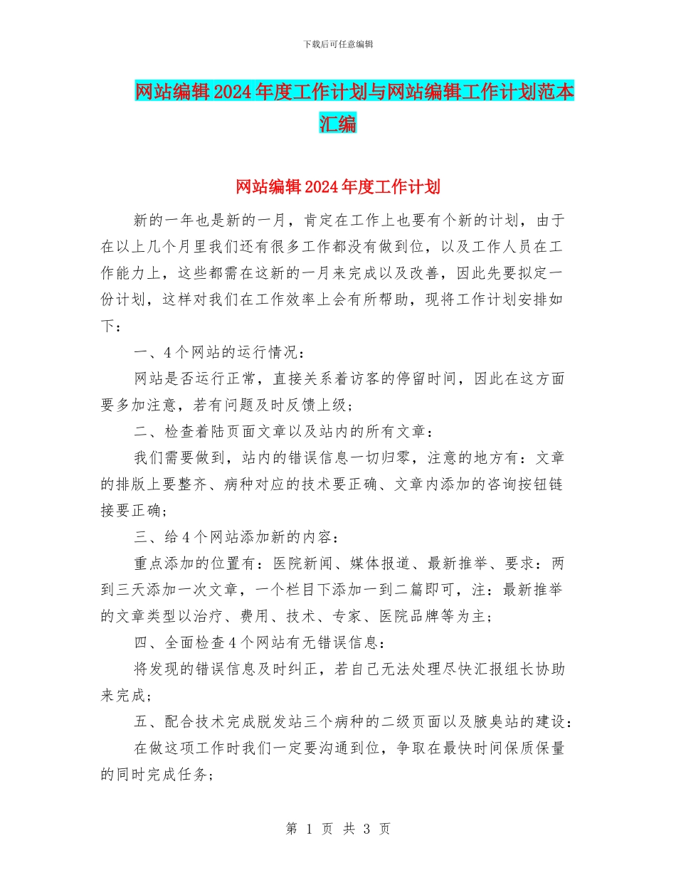网站编辑2024年度工作计划与网站编辑工作计划范本汇编_第1页