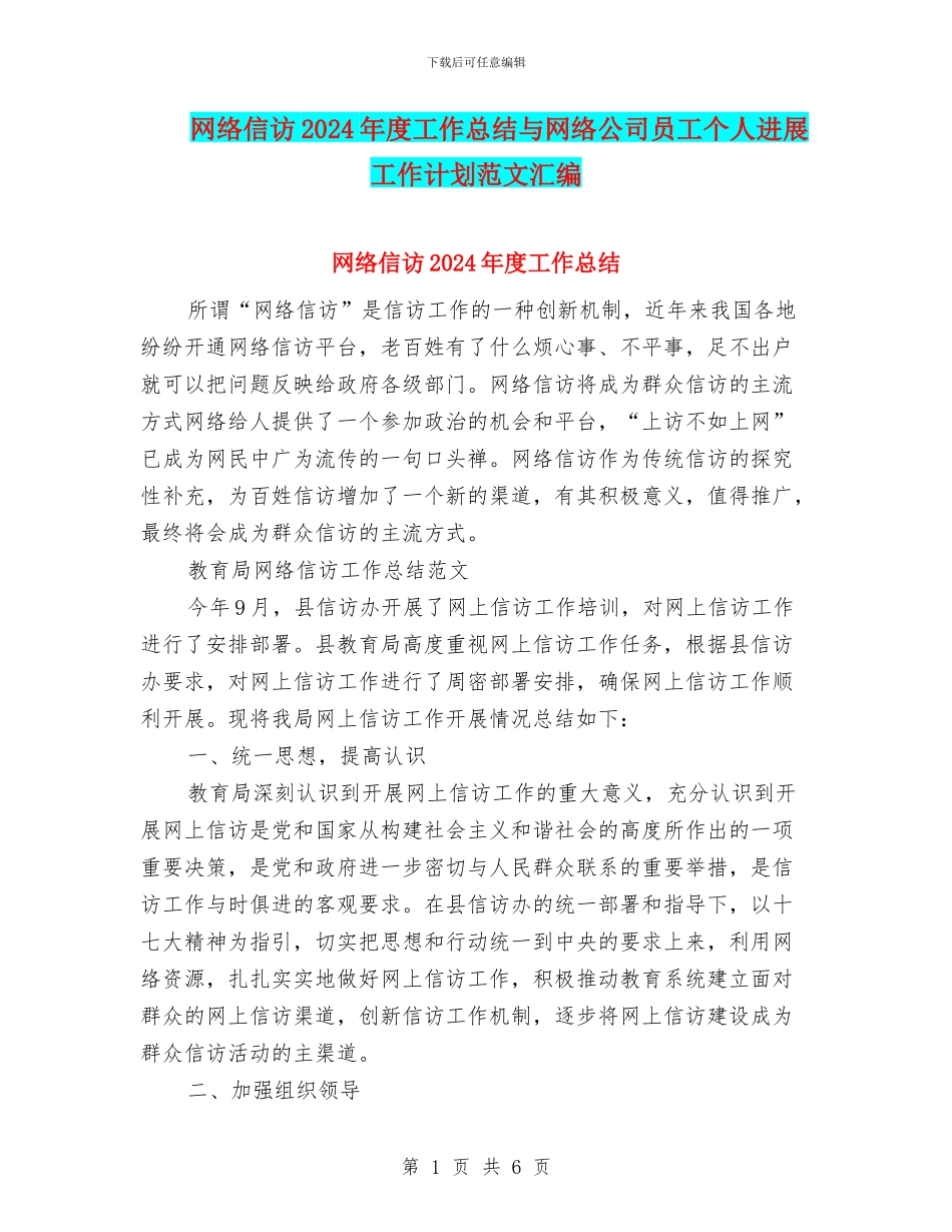 网络信访2024年度工作总结与网络公司员工个人发展工作计划范文汇编_第1页
