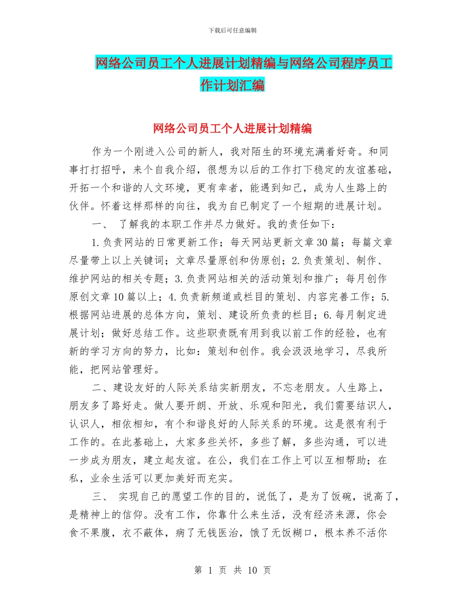 网络公司员工个人发展计划精编与网络公司程序员工作计划汇编_第1页