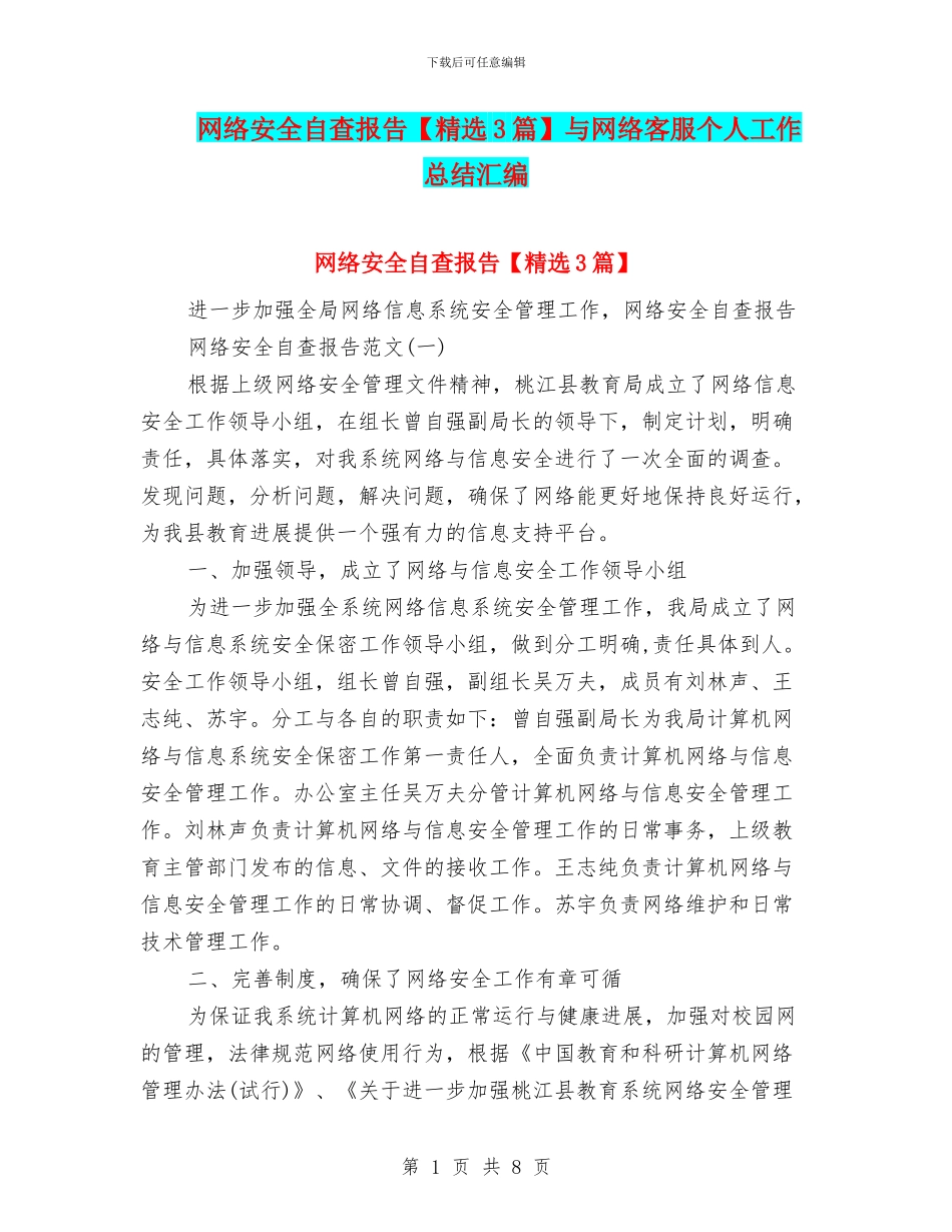 网络安全自查报告与网络客服个人工作总结汇编_第1页