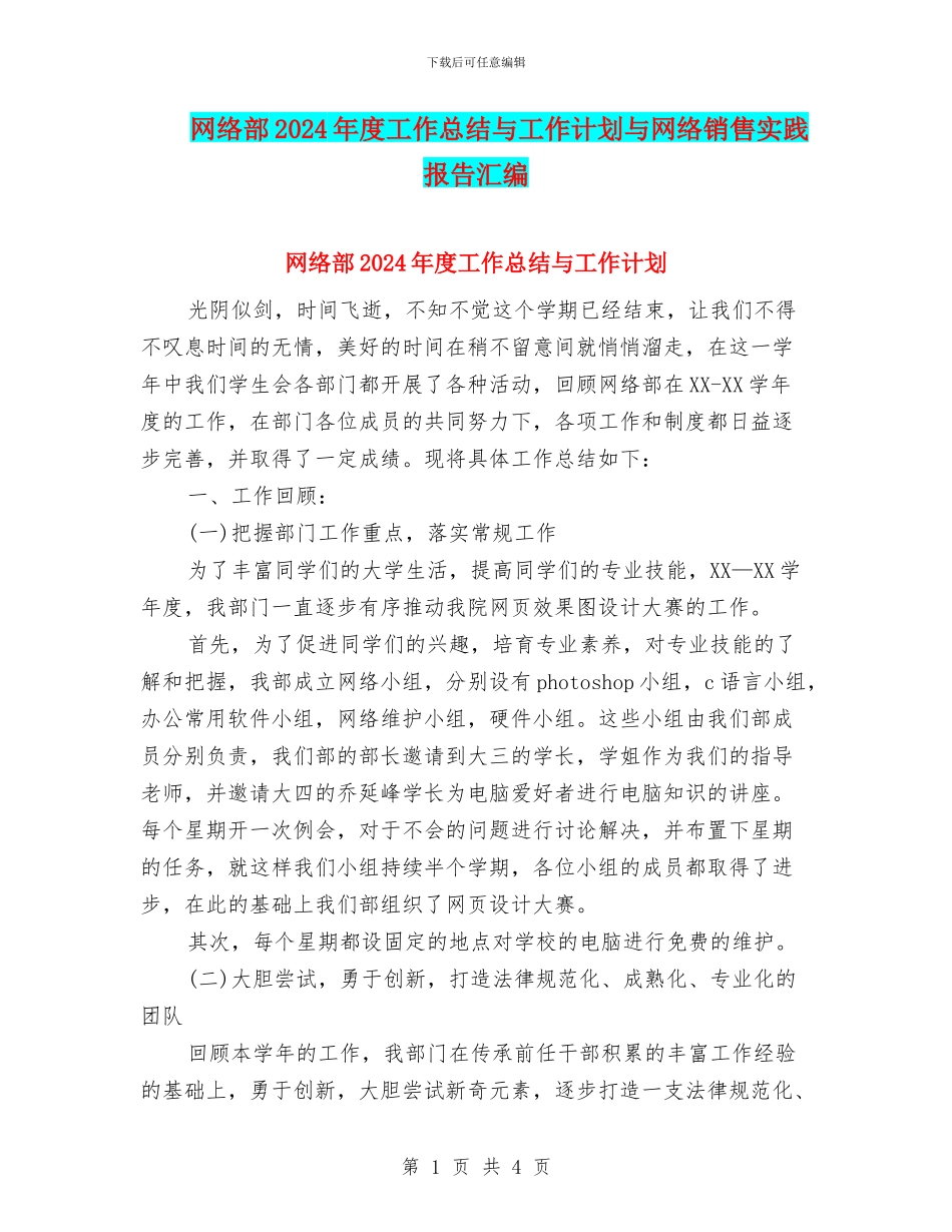 网络部2024年度工作总结与工作计划与网络销售实践报告汇编_第1页