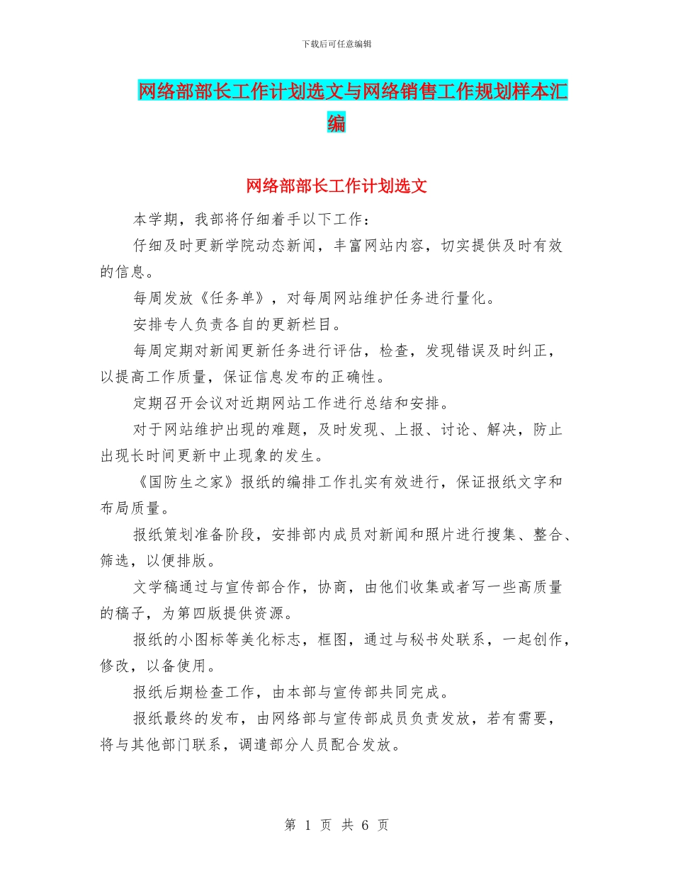 网络部部长工作计划选文与网络销售工作规划样本汇编_第1页