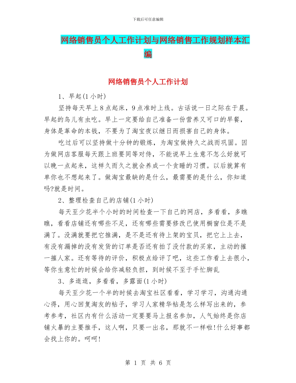 网络销售员个人工作计划与网络销售工作规划样本汇编_第1页