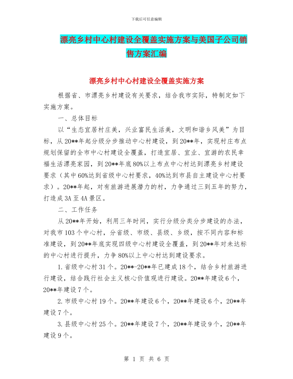美丽乡村中心村建设全覆盖实施方案与美国子公司销售方案汇编_第1页
