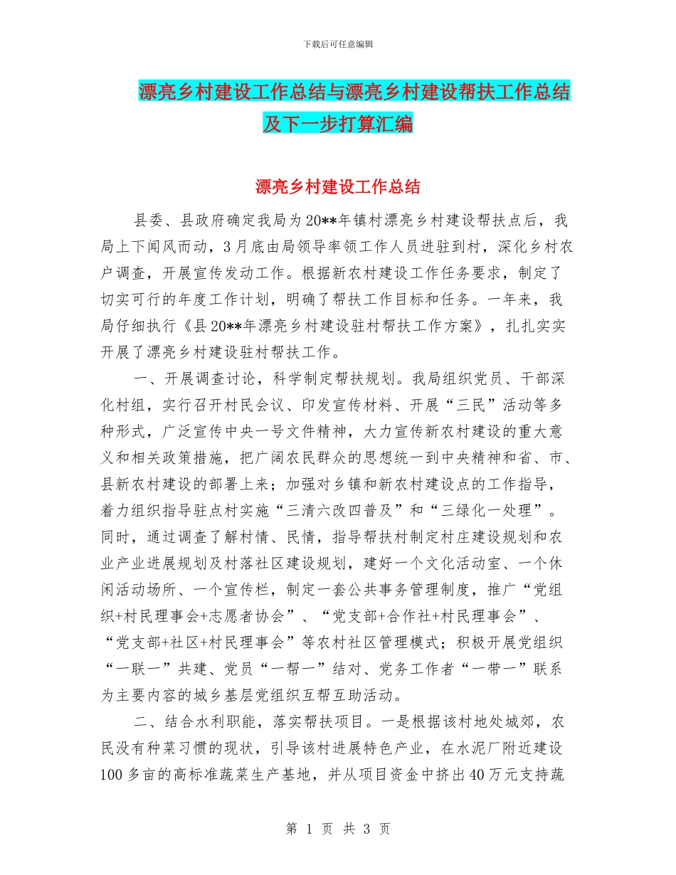 美丽乡村建设工作总结与美丽乡村建设帮扶工作总结及下一步打算汇编_第1页