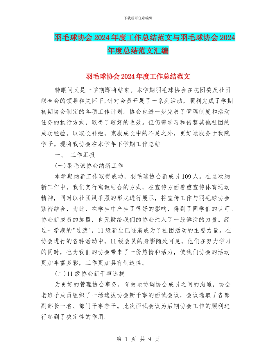 羽毛球协会2024年度工作总结范文与羽毛球协会2024年度总结范文汇编_第1页