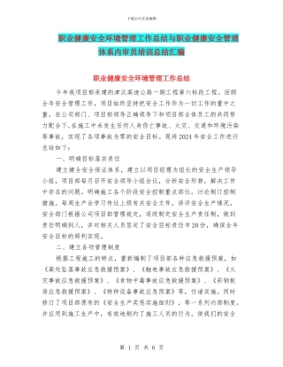职业健康安全环境管理工作总结与职业健康安全管理体系内审员培训总结汇编