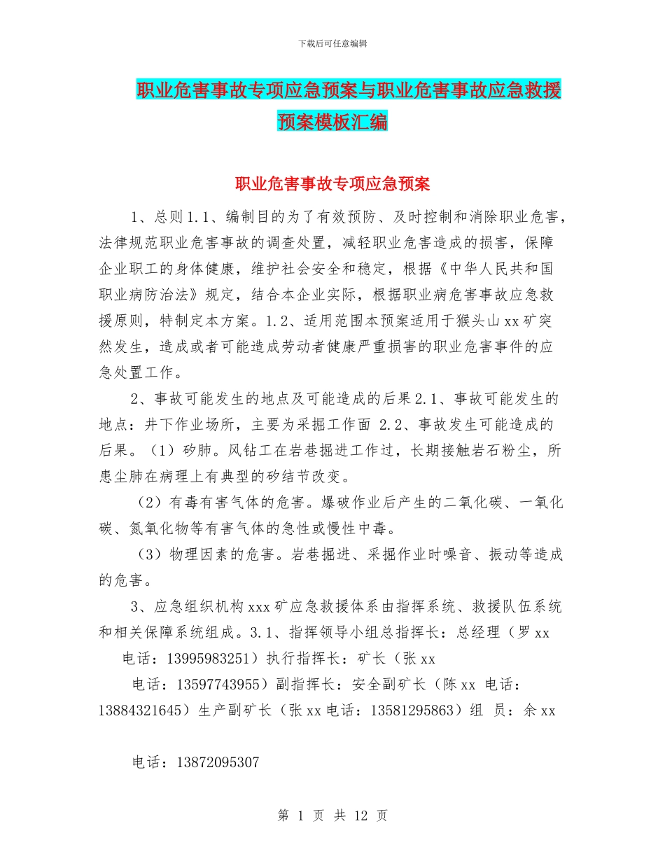 职业危害事故专项应急预案与职业危害事故应急救援预案模板汇编_第1页