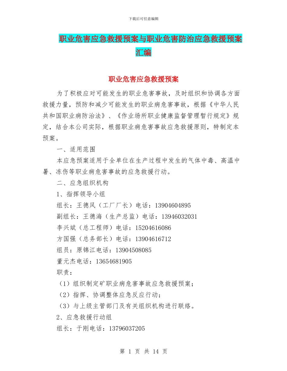 职业危害应急救援预案与职业危害防治应急救援预案汇编_第1页