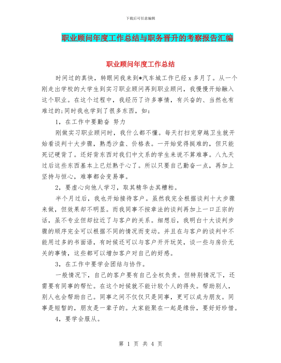 职业顾问年度工作总结与职务晋升的考察报告汇编_第1页