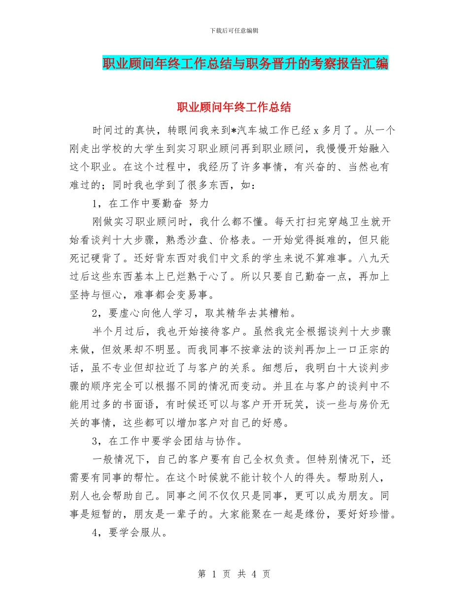 职业顾问年终工作总结与职务晋升的考察报告汇编_第1页