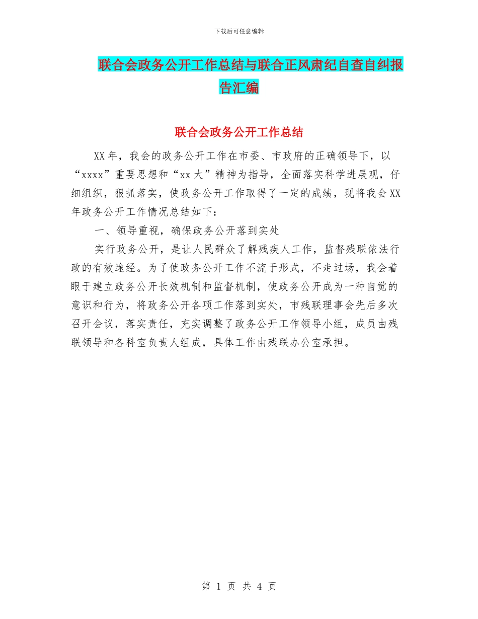 联合会政务公开工作总结与联合正风肃纪自查自纠报告汇编_第1页