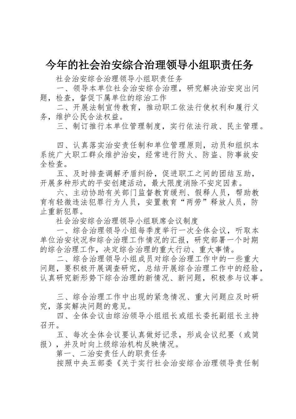 今年的社会治安综合治理领导小组职责任务_第1页