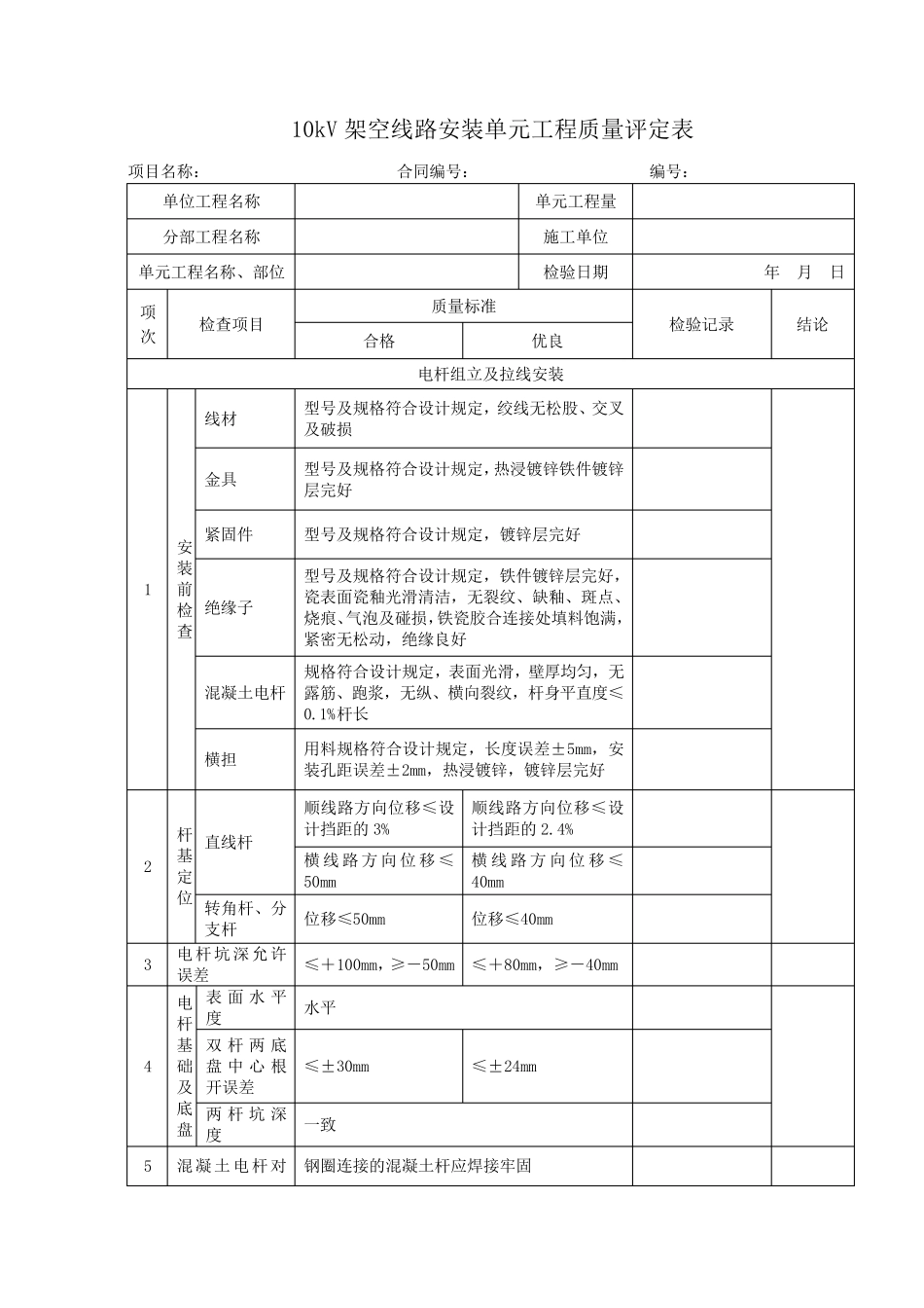 0310kV架空线路单元工程质量评定表DLT4113.52012_第1页